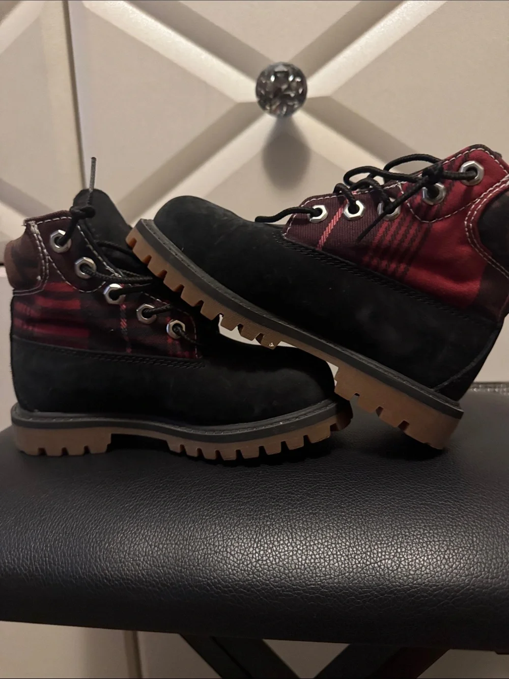 Timberland Kids Black Boots with Burgundy Plaid Accents